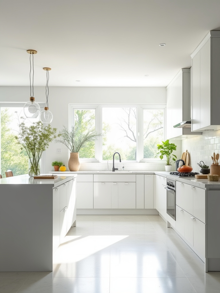 Bright and airy white kitchen flooded with natural light streaming in from large windows, showcasing the importance of maximizing daylight in a white kitchen design.