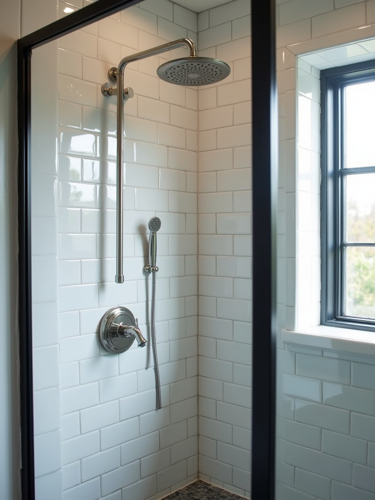 Industrial bathroom featuring a black metal-framed shower enclosure and stainless steel fixtures, complemented by classic subway tile walls under bright natural light.