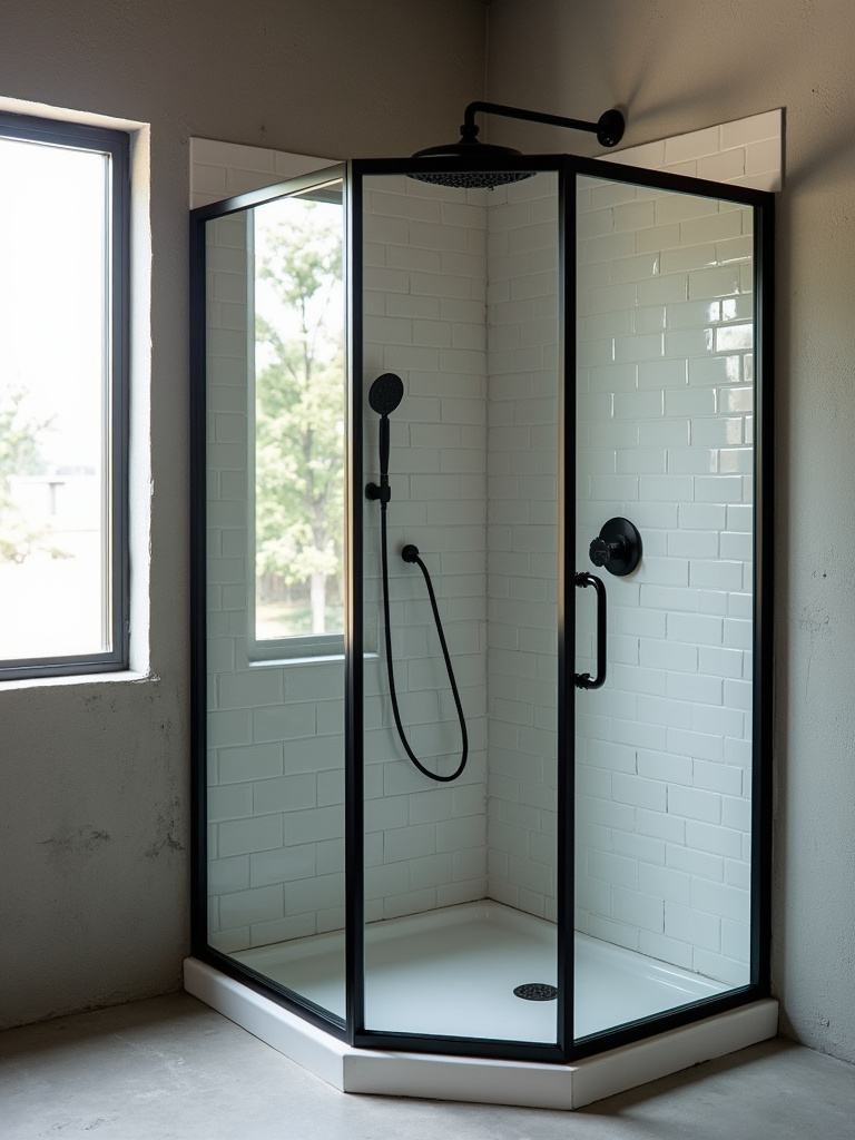 Industrial bathroom featuring a black metal framed shower enclosure with clear glass and a rain shower head, complemented by a concrete shower floor and subway tile walls inside, under bright natural window light.