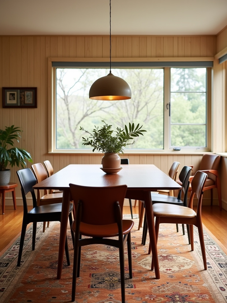 Mid-Century Modern dining room featuring a teak dining table, mixed Mid-Century chairs, wood paneled walls, and a vintage rug.