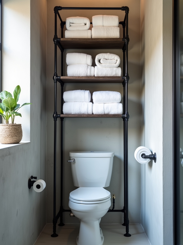 Industrial bathroom featuring a black metal pipe shelving unit mounted above the toilet, neatly displaying folded white towels against concrete walls in a minimalist design under natural window light.