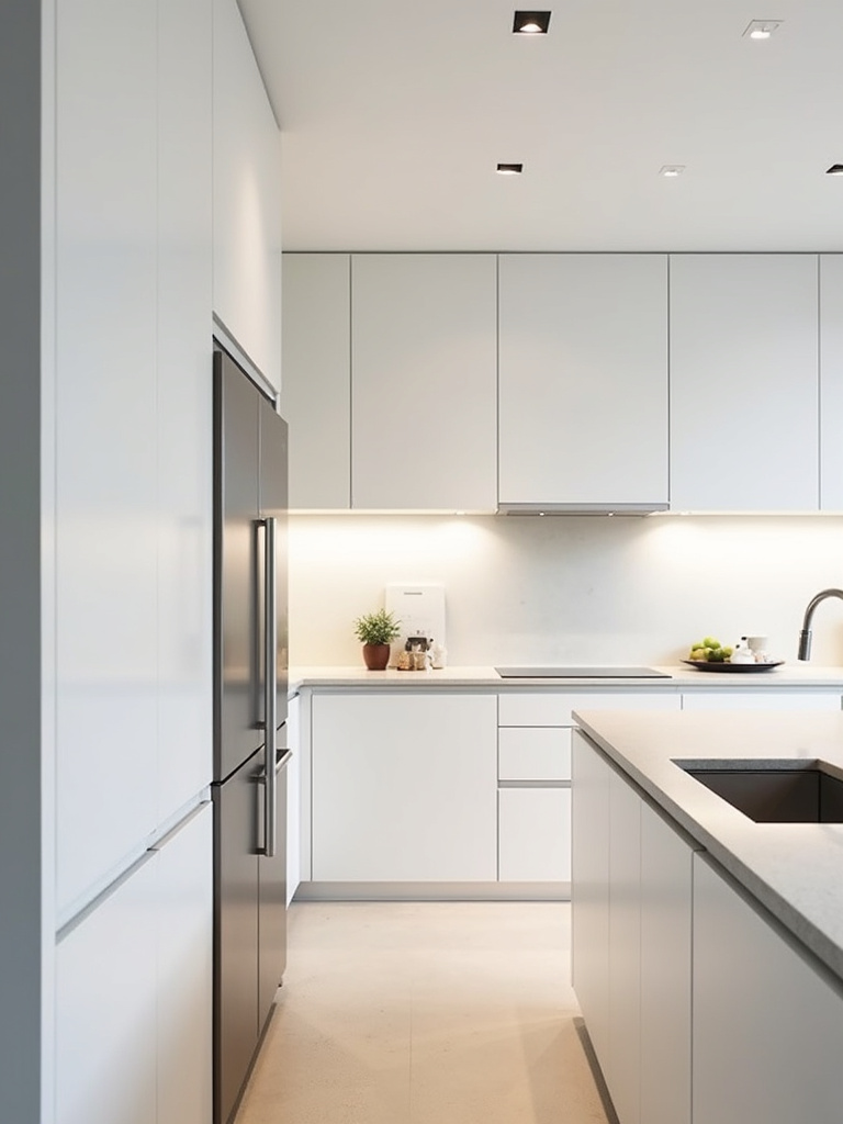 Sleek, minimalist white kitchen with modern handle-less white slab cabinets, light concrete-look countertops, stainless steel appliances, and soft ambient lighting.