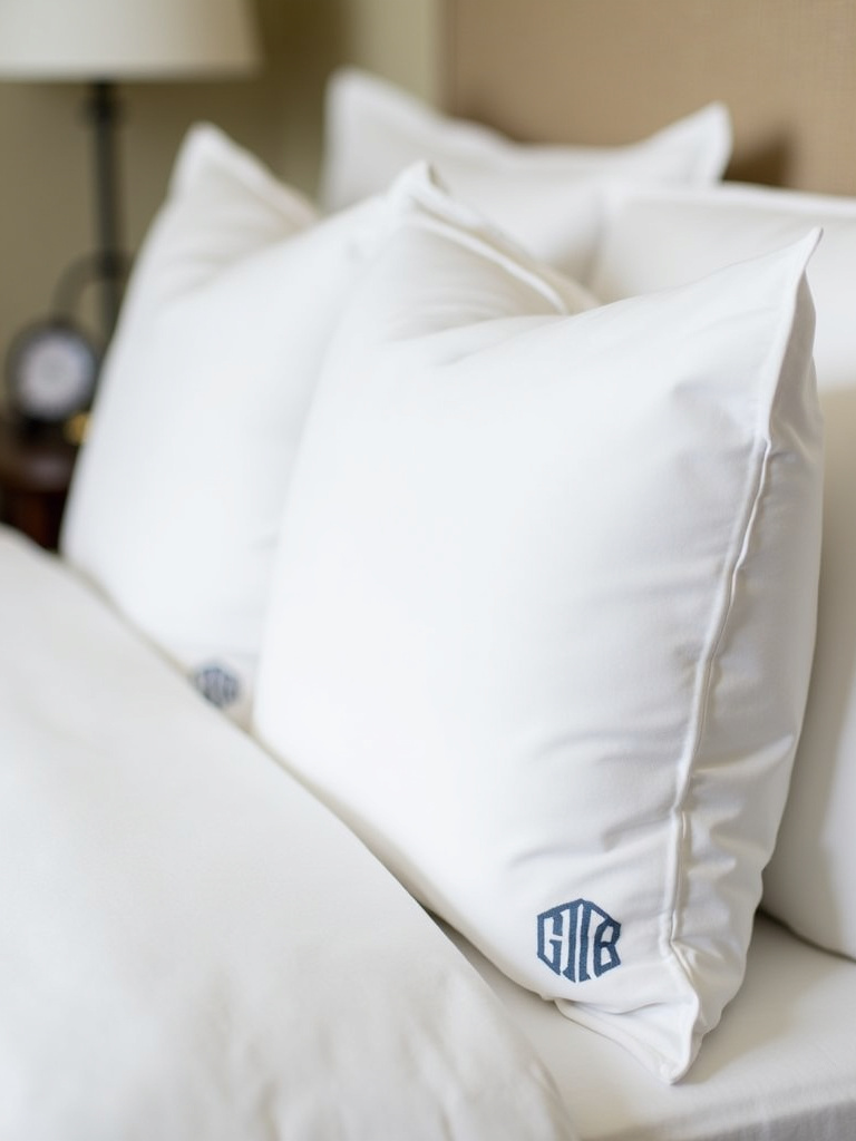 Monogrammed pillowcases on a neatly made bed, adding a personalized and luxurious touch to the bedding.