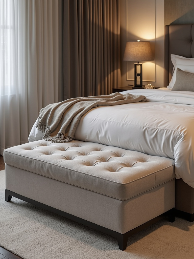 Stylish storage ottoman at the foot of a bed in a modern apartment bedroom, providing seating and hidden storage.