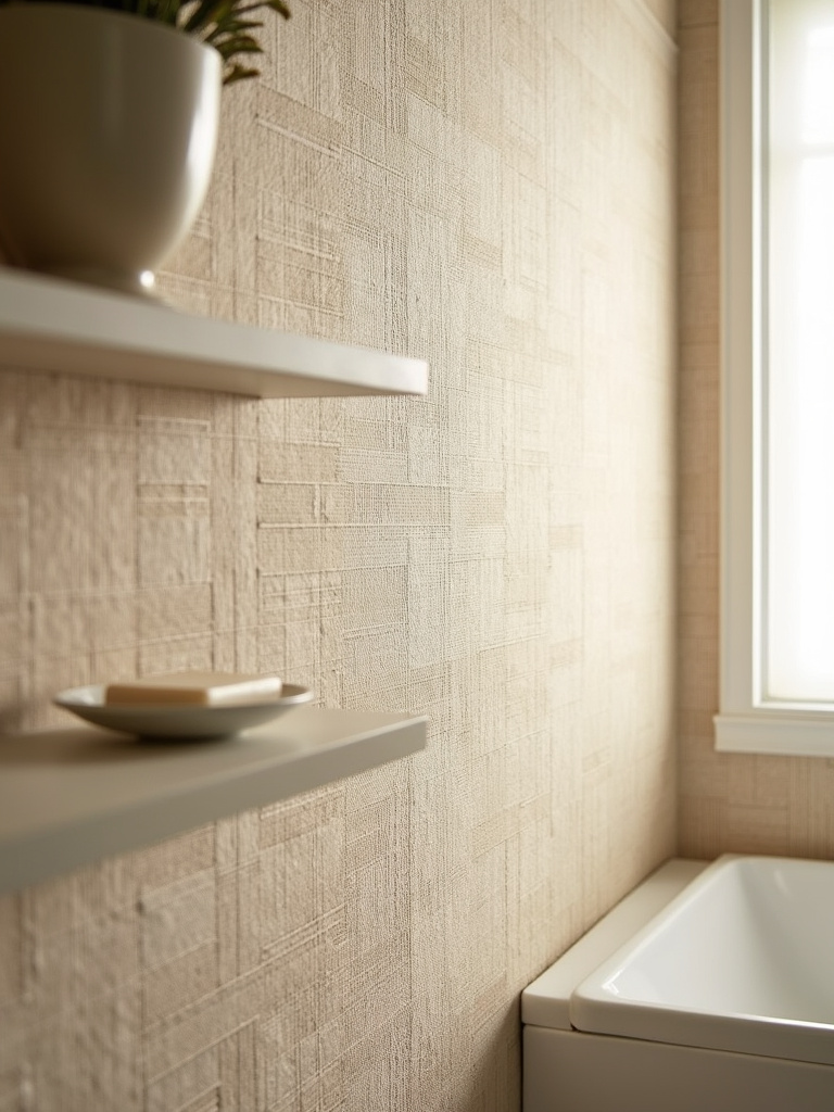 Close-up of natural beige grasscloth textured wallpaper in a bathroom.
