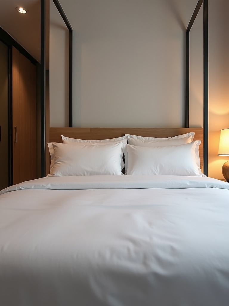 Stylish freestanding no-drill headboard behind a bed in a modern apartment bedroom.