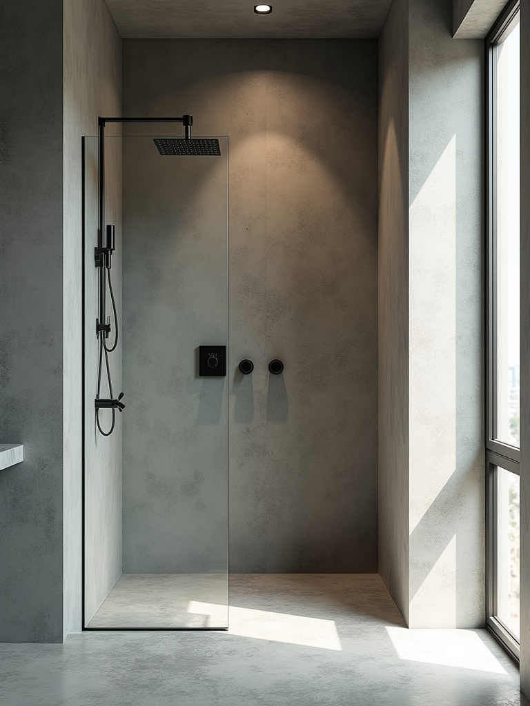 Industrial bathroom featuring an open concept walk-in shower with no door, defined by a glass partition wall and concrete shower walls and floor, equipped with a rain shower head under bright natural window light.