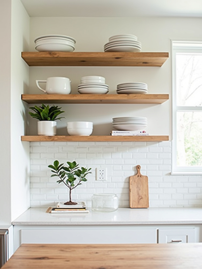 Kitchen with natural wood open shelves styled with dishes, plants, and cookbooks.