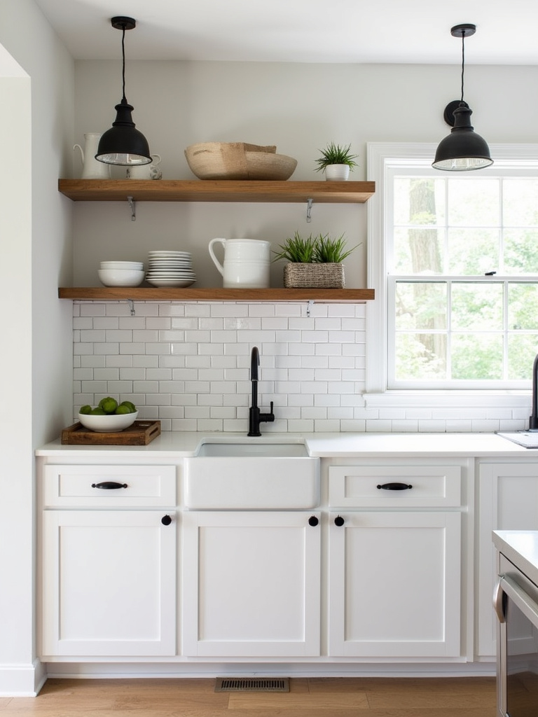 Functional farmhouse kitchen with open shelving as a backsplash displaying kitchenware and decor.