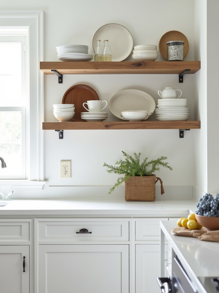 Stylish white kitchen featuring open shelving instead of upper cabinets, showcasing displayed dishes, glassware, and décor, adding personality and visual interest to the space.