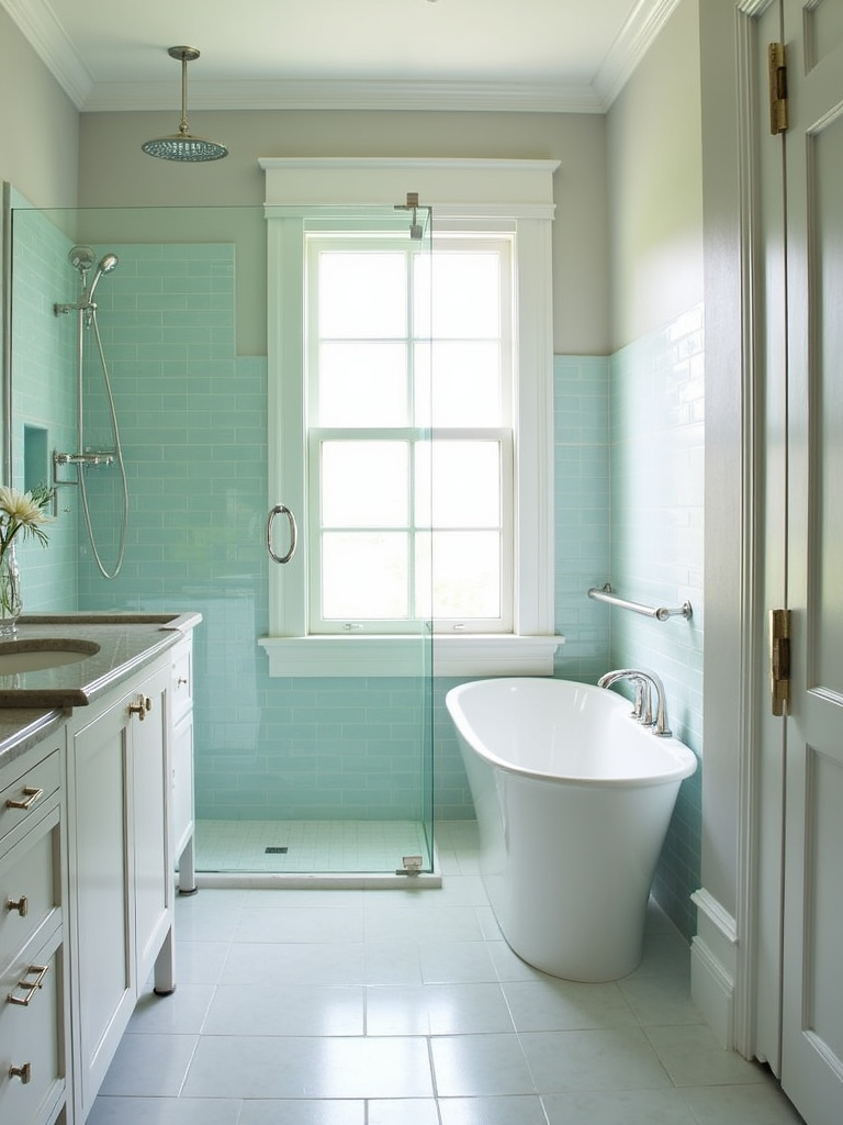 Coastal bathroom featuring a glass shower enclosure with light tile inside.