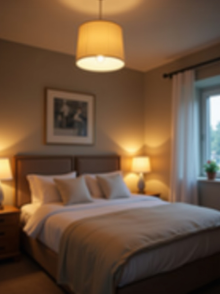 Wide shot of a cozy bedroom interior showcasing soft ambient overhead lighting from a fabric pendant lamp, complemented by bedside lamps and a warm, inviting atmosphere.