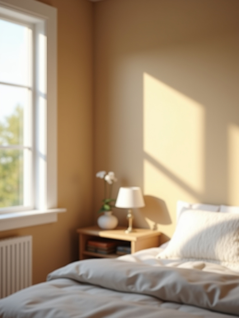 Medium shot of a cozy bedroom corner highlighting walls painted in a warm beige tone, bathed in natural light, showcasing the relaxing and inviting effect of the neutral color.