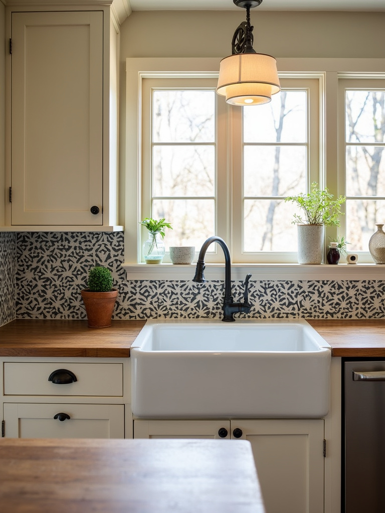 Vintage farmhouse kitchen featuring a black and white patterned cement tile backsplash.