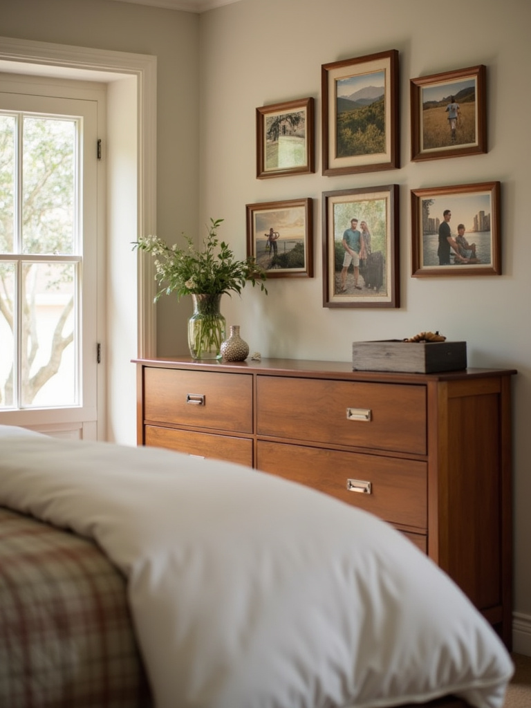Medium shot of a cozy bedroom featuring a gallery wall of framed personal photos and art above a bed, creating a personalized and emotionally warm space.