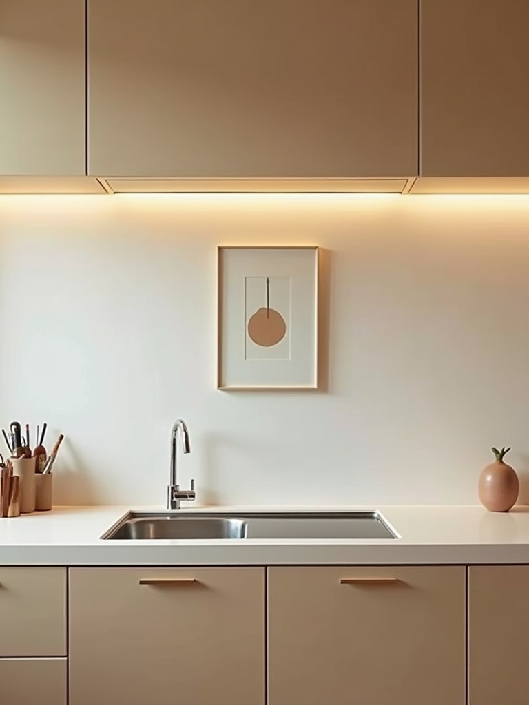 “Japandi minimalist kitchen featuring a single piece of minimalist artwork on the wall as a meaningful accent, showcasing how to personalize a minimalist space with thoughtful touches.”