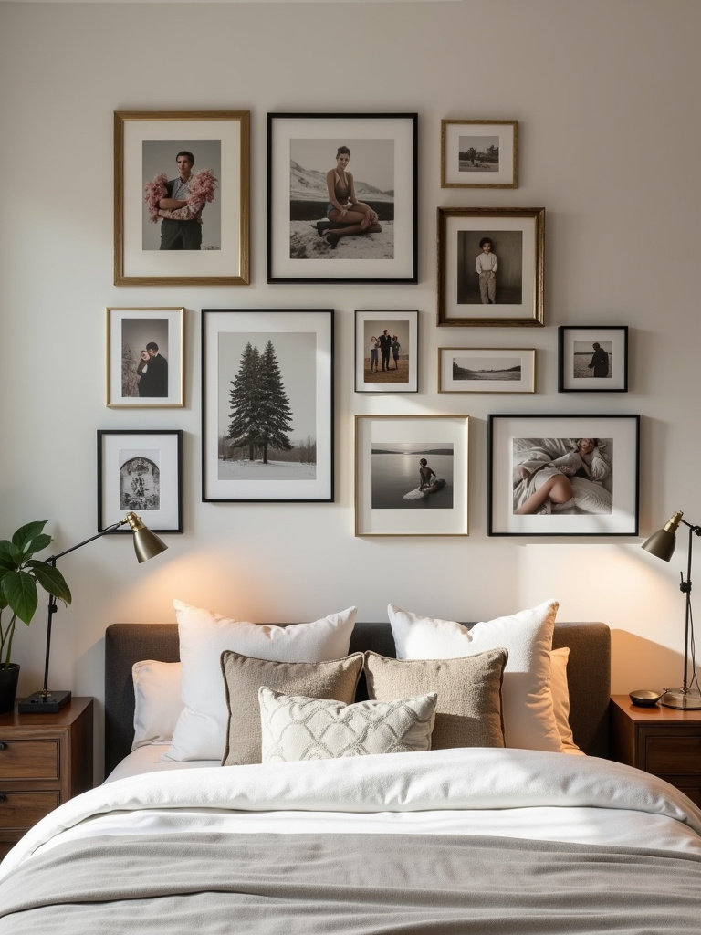 Curated photo gallery wall above a bed in a bedroom, featuring frames of various sizes and styles.
