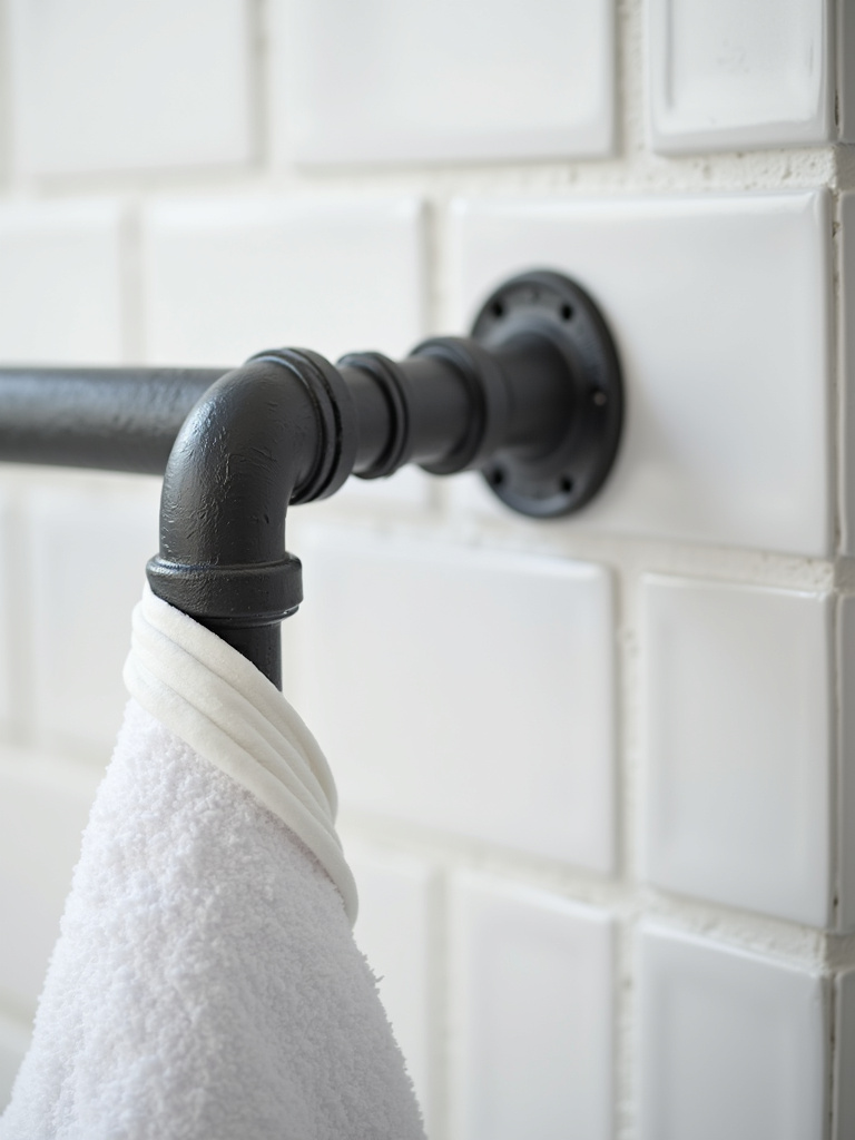 Industrial bathroom detail showcasing a black iron pipe fitting towel bar mounted on a white subway tile wall, with a rolled white towel hanging, illuminated by soft side lighting.