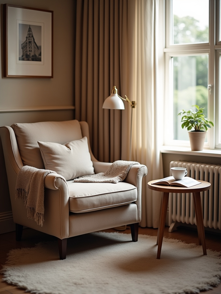 Medium shot of a cozy bedroom reading nook featuring a plush armchair with a throw blanket, a side table with a book and tea, and a floor lamp, illuminated by soft natural light from a window.