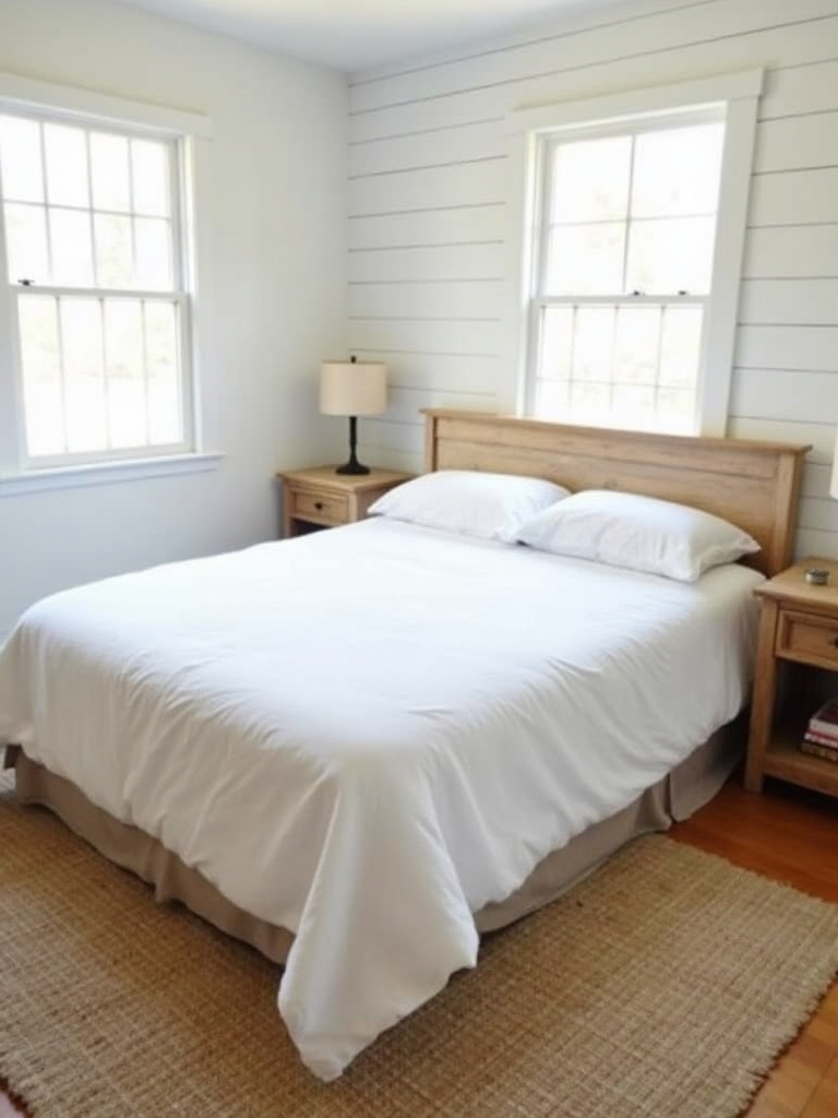Farmhouse bedroom interior featuring a woven jute area rug under a queen bed with white bedding, wooden nightstands, and shiplap walls, highlighting the rug’s texture and natural light.
