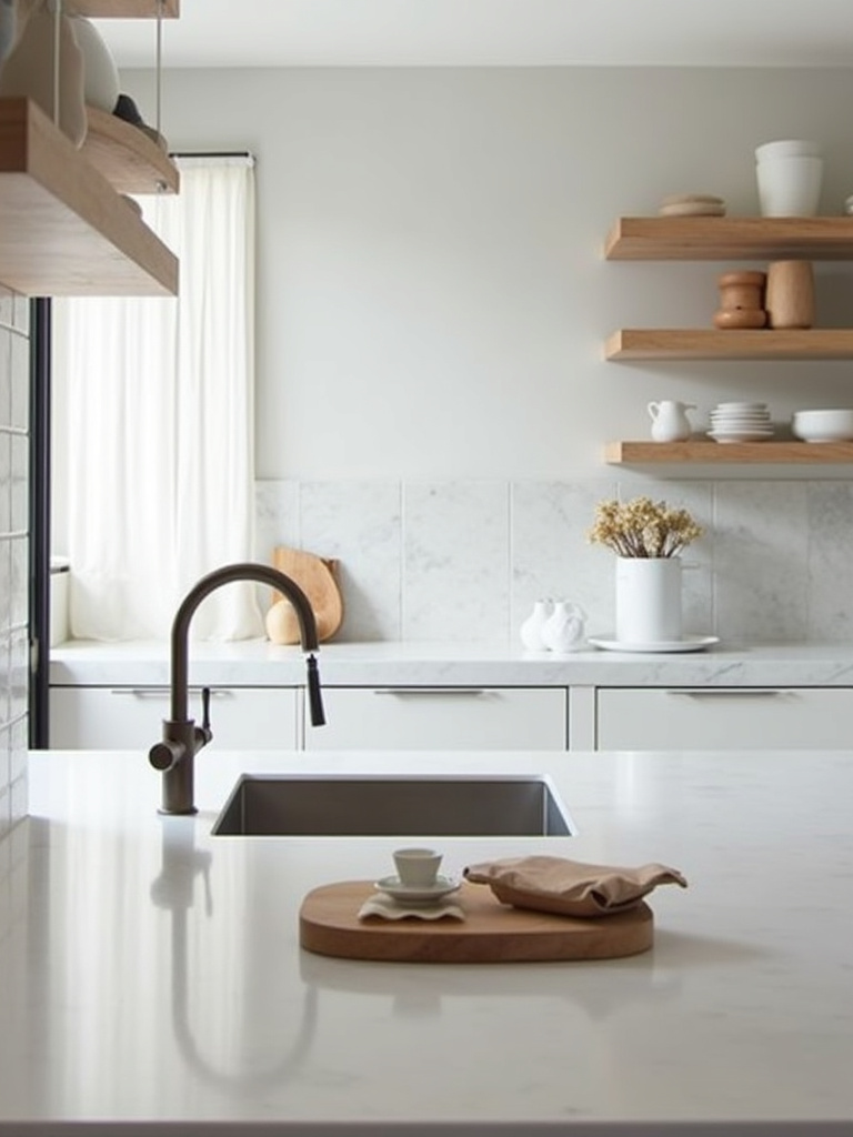“Modern minimalist kitchen featuring easy-to-clean quartz countertops, stainless steel sink, and minimal grout lines on the backsplash, emphasizing design for easy cleaning and maintenance.”