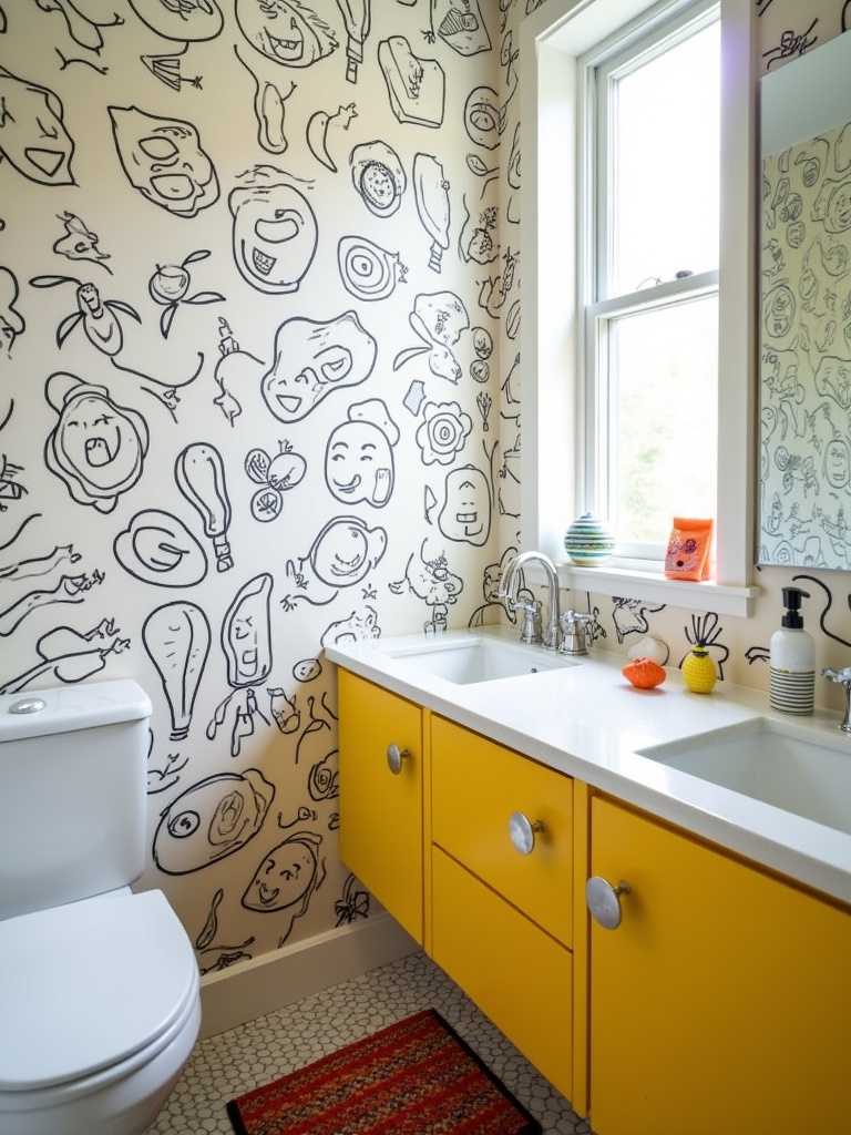 Quirky bathroom with black and white illustrated wallpaper and a yellow vanity.