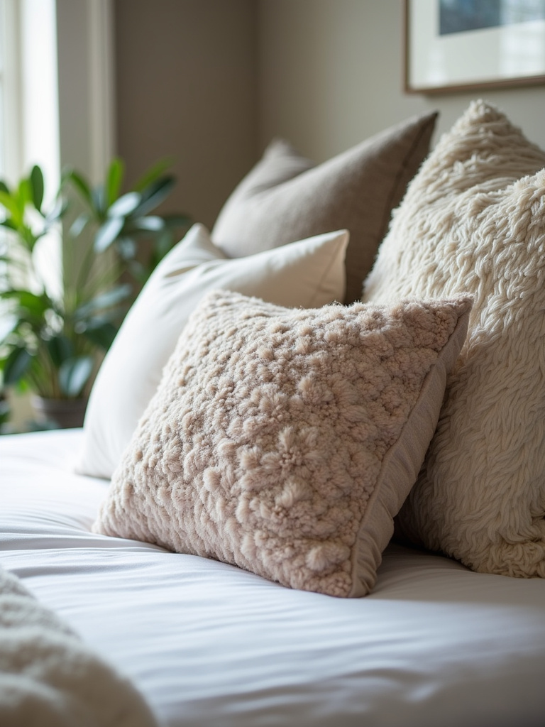 Neatly made bed with a variety of plush decorative pillows in different textures, colors, and patterns.