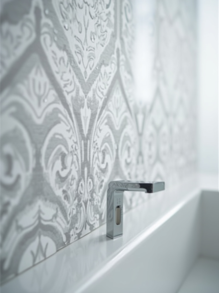 Close-up of waterproof vinyl geometric wallpaper in a bathroom, showing water resistance.