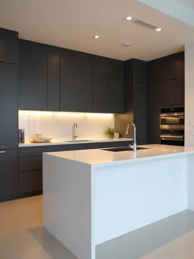 “Modern minimalist kitchen featuring dark gray slab-door cabinets, white quartz countertops, and a rectangular island, highlighting clean lines and simple geometric forms.”