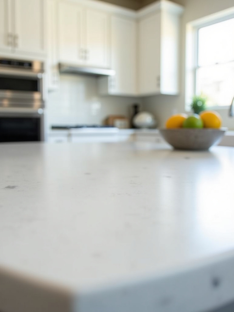White kitchen countertop made of white quartz with subtle grey veining, showcasing its smooth surface and elegant appearance in a white kitchen setting.