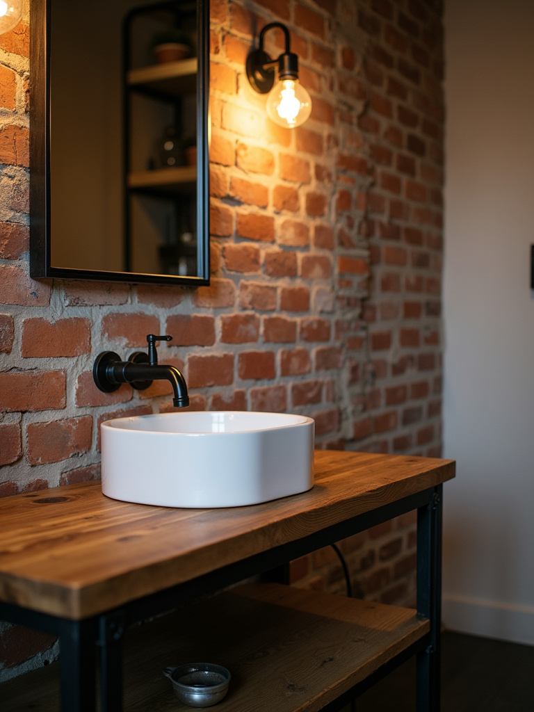 Industrial bathroom showcasing a reclaimed wood vanity with a white ceramic vessel sink and black metal faucet, set against an exposed brick wall illuminated by a warm pendant light.