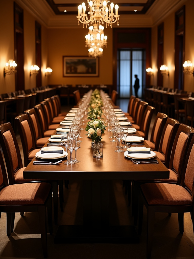 Grand dining room with a long rectangular trestle dining table set for a formal dinner, surrounded by chairs and benches for a large group.