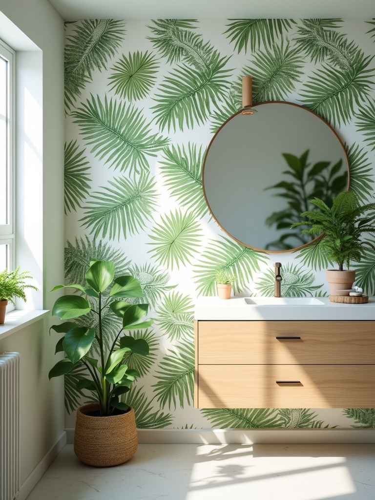 Botanical bathroom with green fern wallpaper, light wood vanity, and live plants.