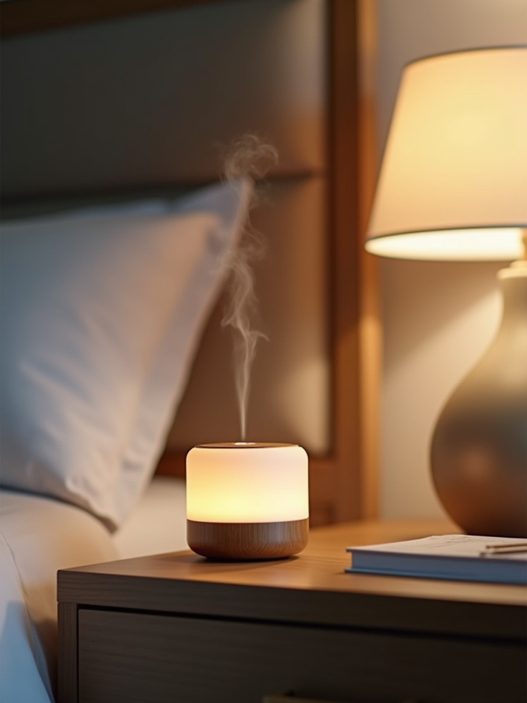 Stylish scented diffuser on a bedside table, emitting a subtle mist and creating a relaxing atmosphere.