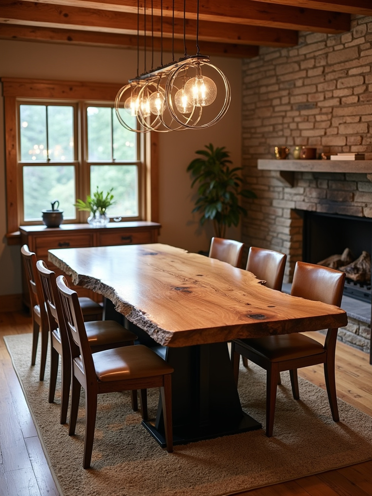 Rustic dining room with a live edge wood dining table, mixed rustic chairs, exposed brick walls, and a stone fireplace.