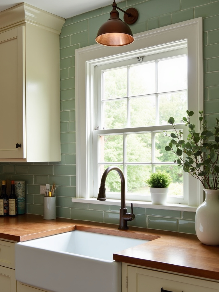 Earthy and calming farmhouse kitchen with a sage green subway tile backsplash and copper accents.