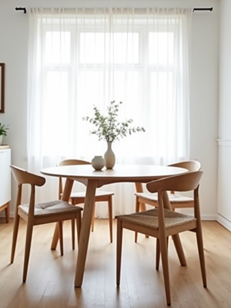 Scandinavian dining room with a round light wood table, light wood chairs, white walls, and soft natural light.