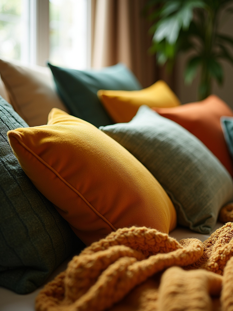Close-up detail of a bed featuring a layered arrangement of velvet and knitted cushions in warm tones, highlighted by natural light emphasizing their textures.