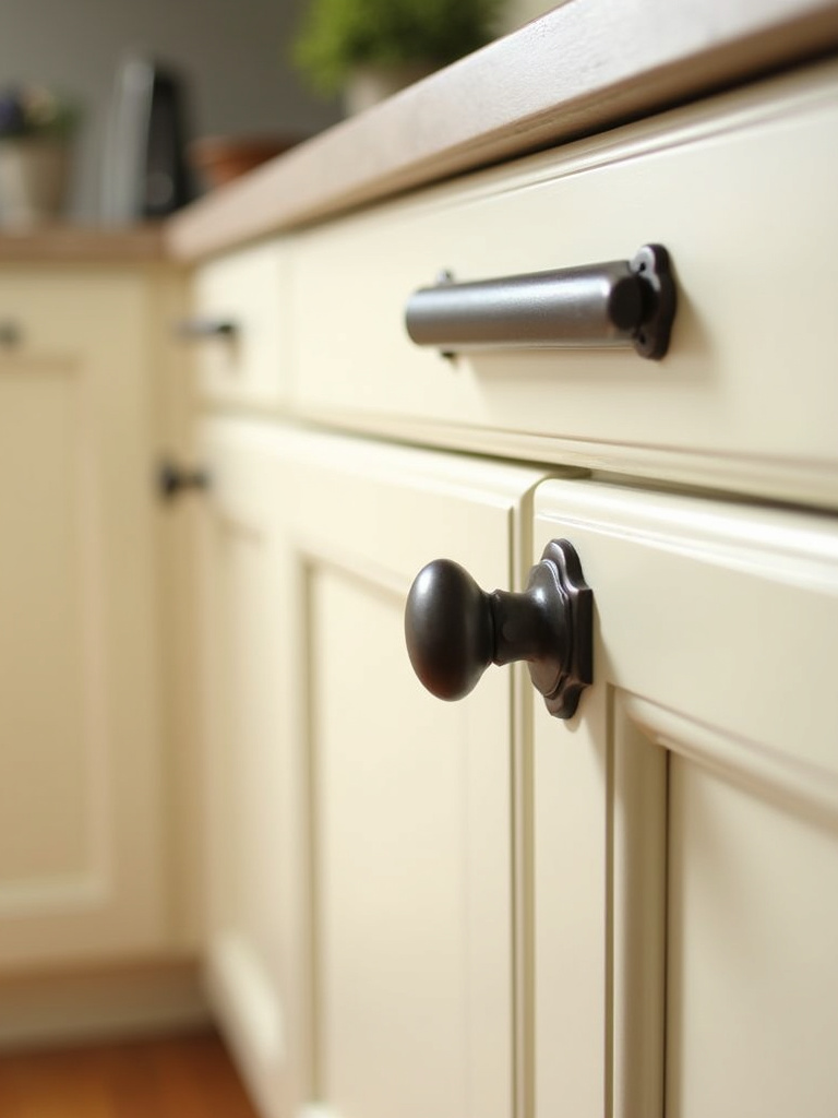 Close-up detail of oil-rubbed bronze bin pull and knob hardware on traditional cream-colored kitchen cabinets.