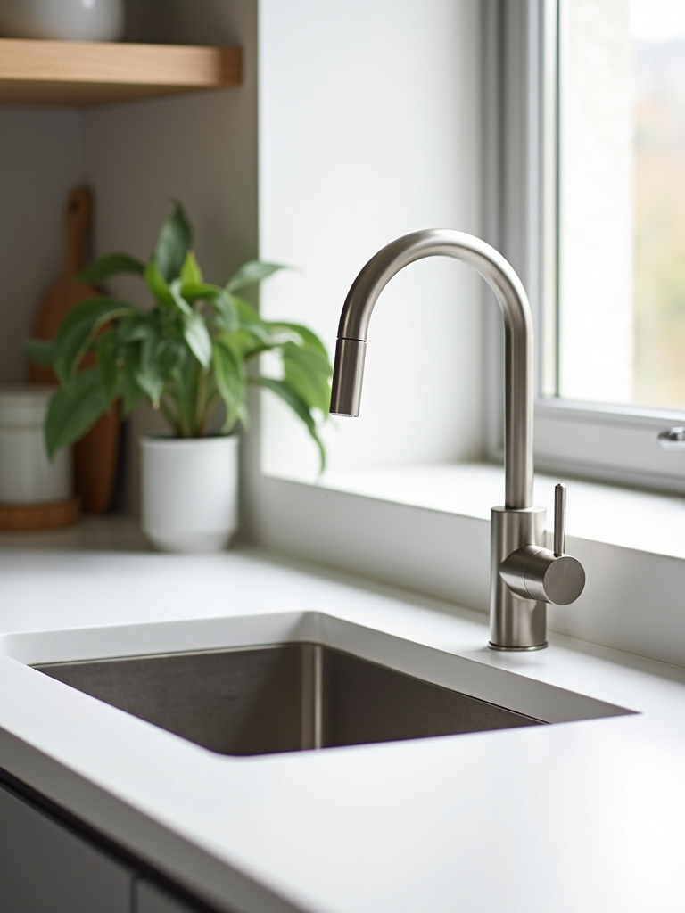 “Close-up of a minimalist stainless steel single-handle faucet and undermount stainless steel sink in a modern kitchen, emphasizing clean lines and functional design.”