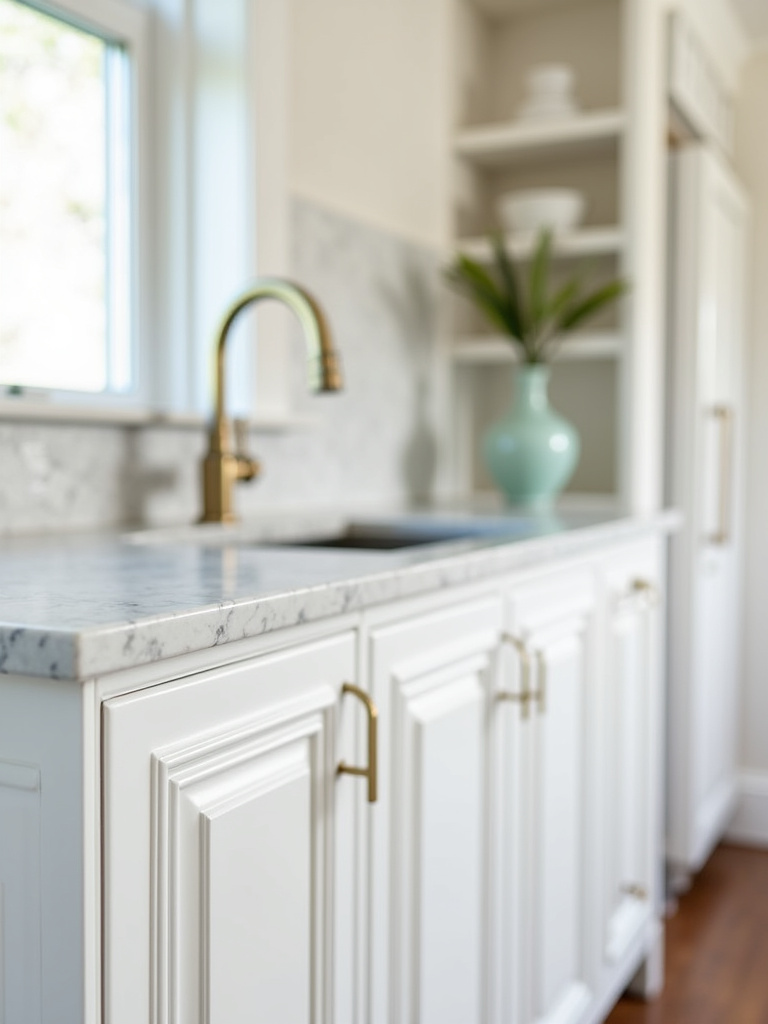 Close-up detail of a marble countertop with grey veining paired with traditional white raised panel kitchen cabinets.