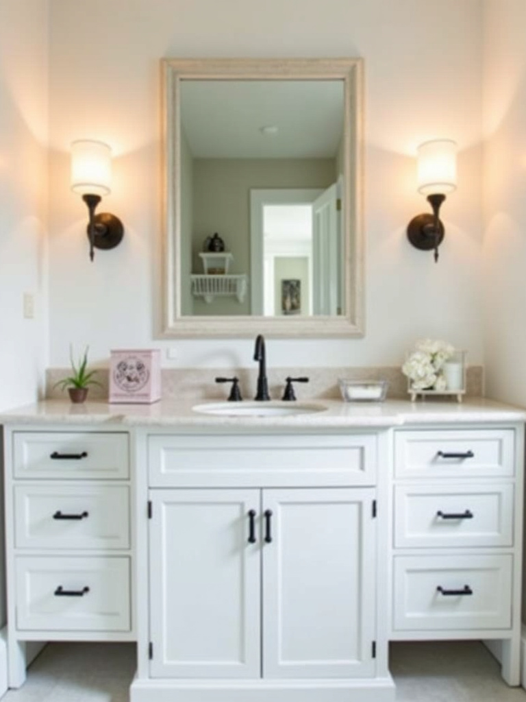 Coastal bathroom vanity area with nautical sconce lights flanking a mirror.