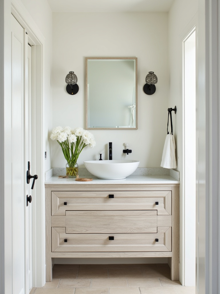 Coastal bathroom featuring a whitewashed wood vanity and vessel sink.