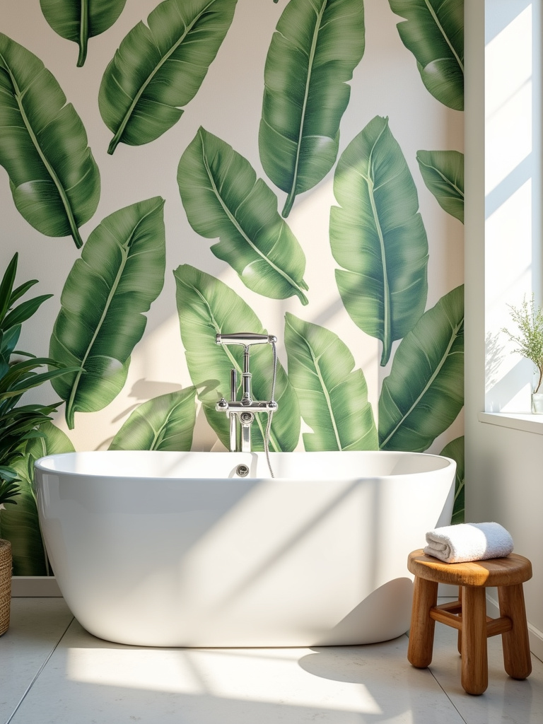 Serene bathroom with tropical banana leaf wallpaper and a freestanding white bathtub.