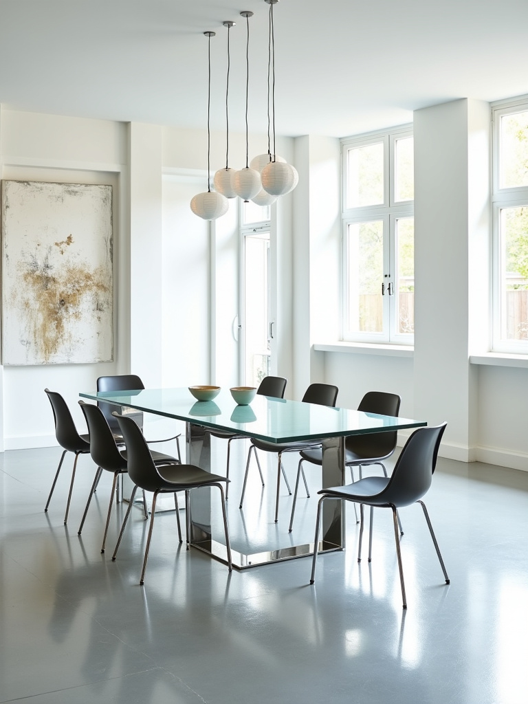 Modern dining room featuring a glass top dining table, sleek metal base, modern chairs, and polished concrete floors, creating a light and airy space.