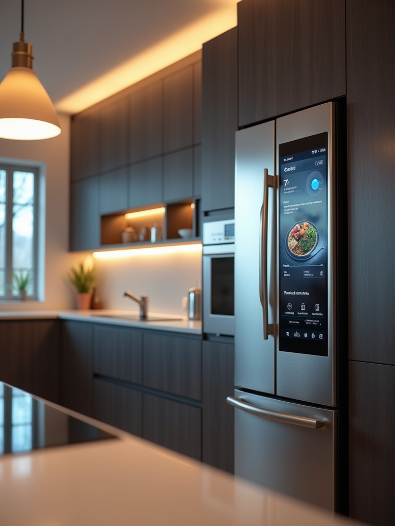 Modern kitchen with a smart refrigerator showing a recipe on its touchscreen display.