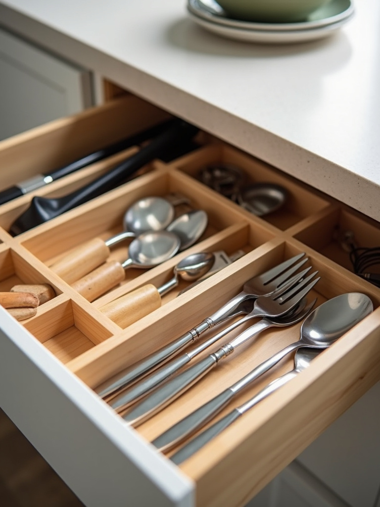 Organized kitchen drawer with drawer dividers and neatly arranged utensils.