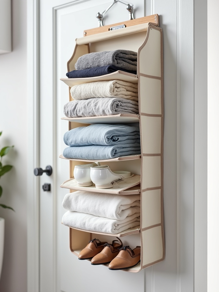 Smart over-the-door organizer hanging on a door, filled with neatly folded clothes, shoes, and accessories for efficient storage.