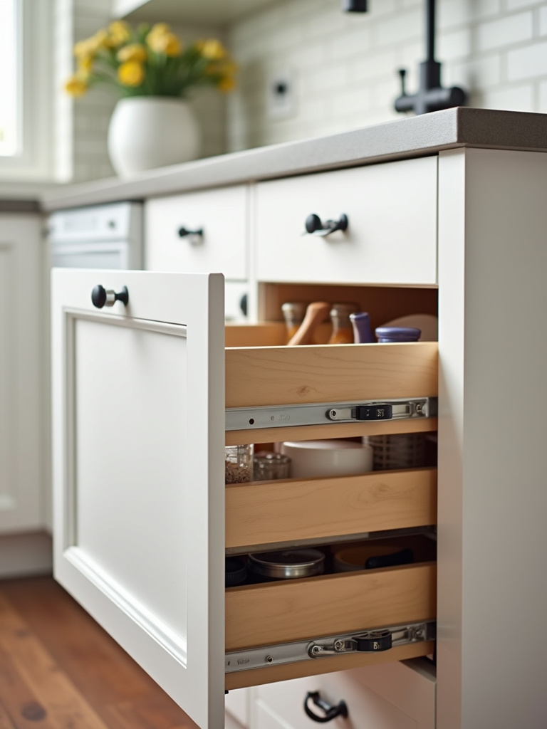 Organized white kitchen drawers featuring smart storage solutions, showcasing drawer dividers, spice racks, and other organizers for efficient and clutter-free kitchen storage.