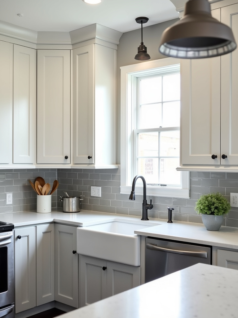 Sophisticated farmhouse kitchen with a soft gray subway tile backsplash and stainless steel accents.